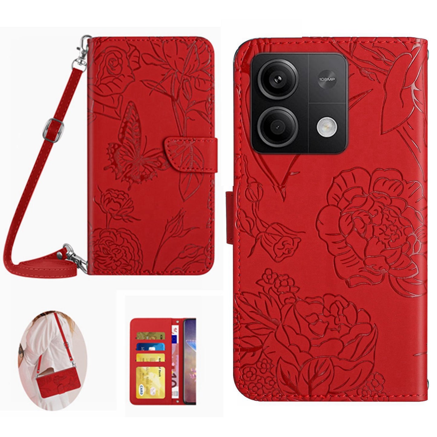 HT03 For Xiaomi Redmi Note 13 4G Cell Phone Case Imprinted Leather Cover with Long Strap - Red