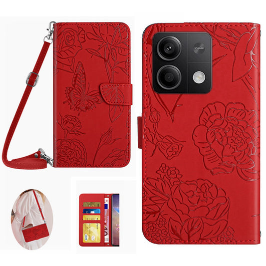 HT03 For Xiaomi Redmi Note 13 4G Cell Phone Case Imprinted Leather Cover with Long Strap - Red