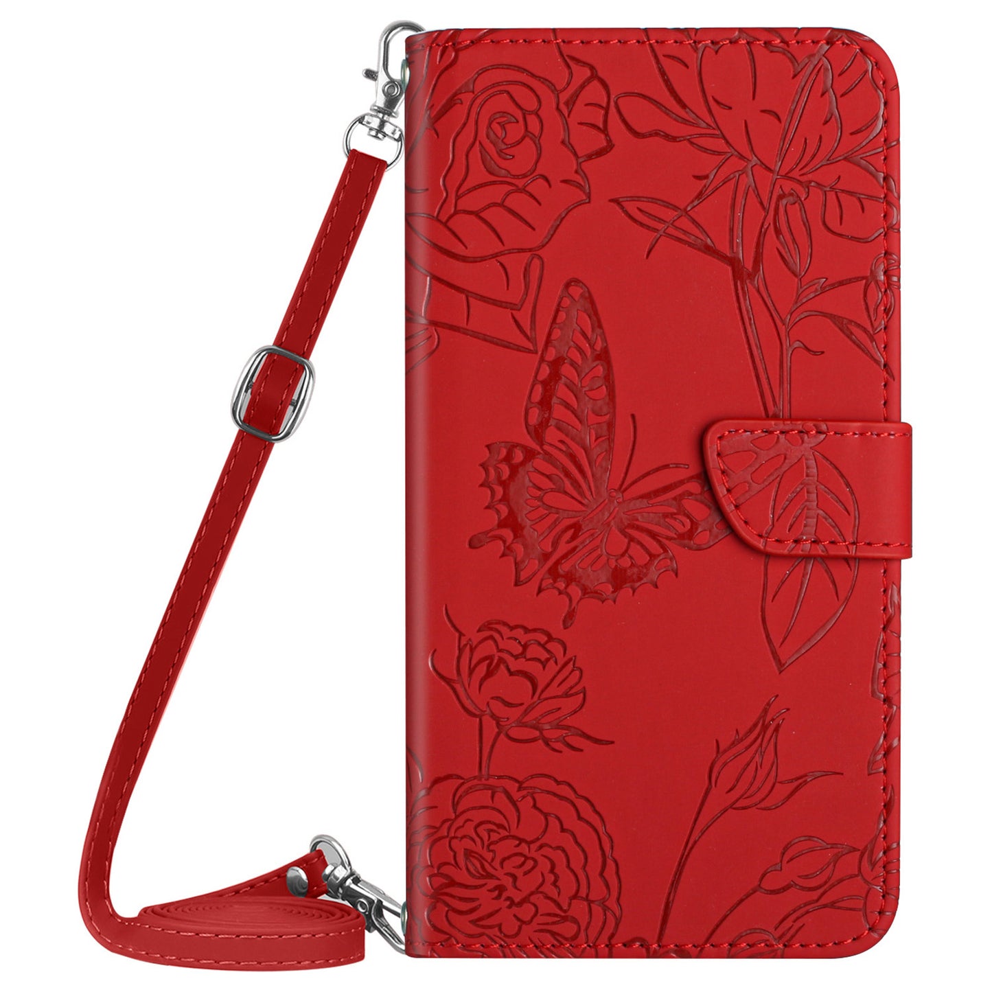 HT03 For Xiaomi Redmi Note 13 4G Cell Phone Case Imprinted Leather Cover with Long Strap - Red