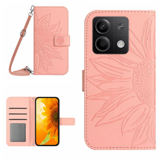 HT04 For Xiaomi Redmi Note 13 4G Magnetic Phone Case Sunflower Imprint Leather Cover - Light Pink