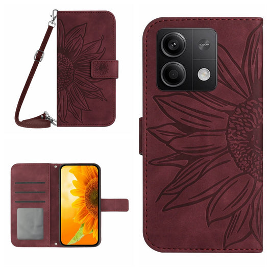 HT04 For Xiaomi Redmi Note 13 4G Magnetic Phone Case Sunflower Imprint Leather Cover - Wine Red