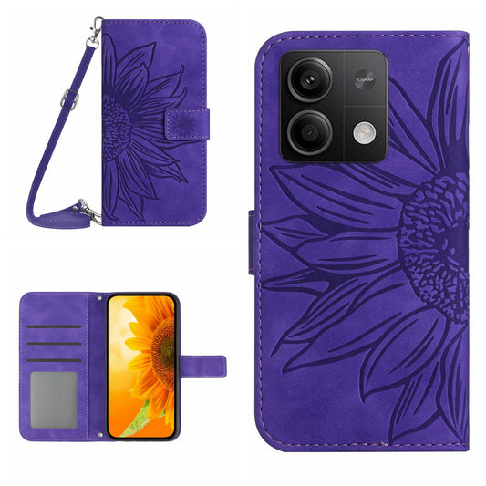 HT04 For Xiaomi Redmi Note 13 4G Magnetic Phone Case Sunflower Imprint Leather Cover - Dark Purple