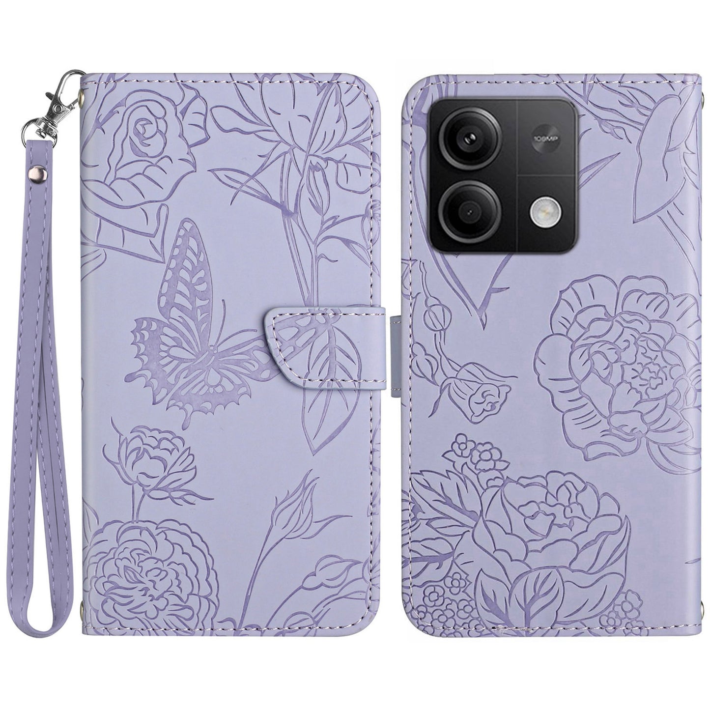 HT03 For Xiaomi Redmi Note 13 4G Case Leather Imprinted Phone Wallet Cover with Hand Strap - Purple