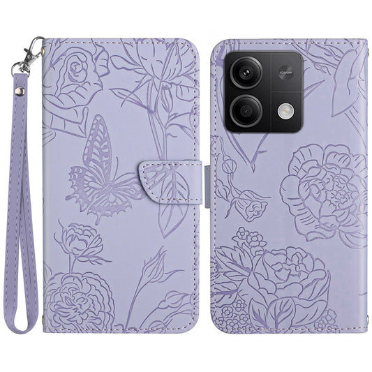 HT03 For Xiaomi Redmi Note 13 4G Case Leather Imprinted Phone Wallet Cover with Hand Strap - Purple