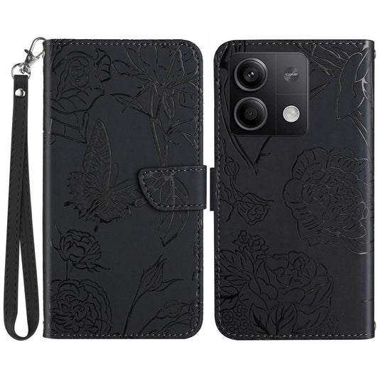 HT03 For Xiaomi Redmi Note 13 4G Case Leather Imprinted Phone Wallet Cover with Hand Strap - Black