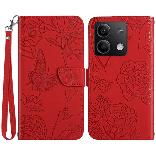 HT03 For Xiaomi Redmi Note 13 4G Case Leather Imprinted Phone Wallet Cover with Hand Strap - Red