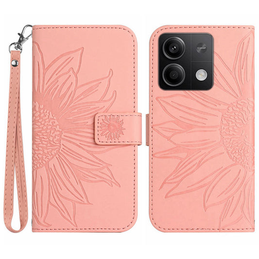 HT04 For Xiaomi Redmi Note 13 4G Leather Wallet Flip Cover Sunflower Pattern Phone Case - Light Pink