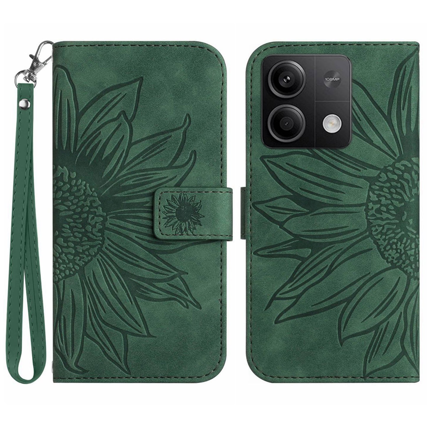 HT04 For Xiaomi Redmi Note 13 4G Leather Wallet Flip Cover Sunflower Pattern Phone Case - Dark Green