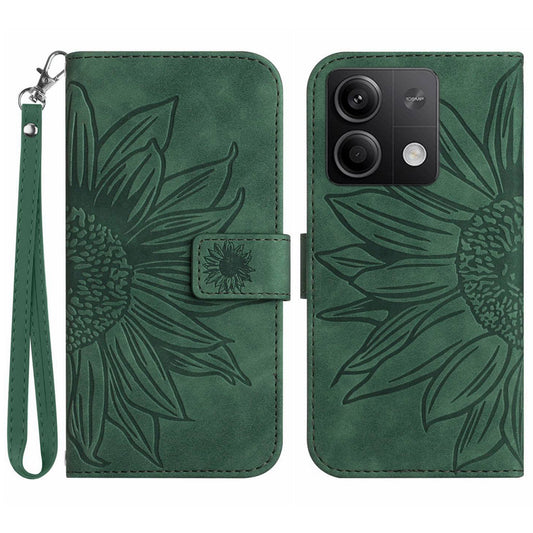 HT04 For Xiaomi Redmi Note 13 4G Leather Wallet Flip Cover Sunflower Pattern Phone Case - Dark Green