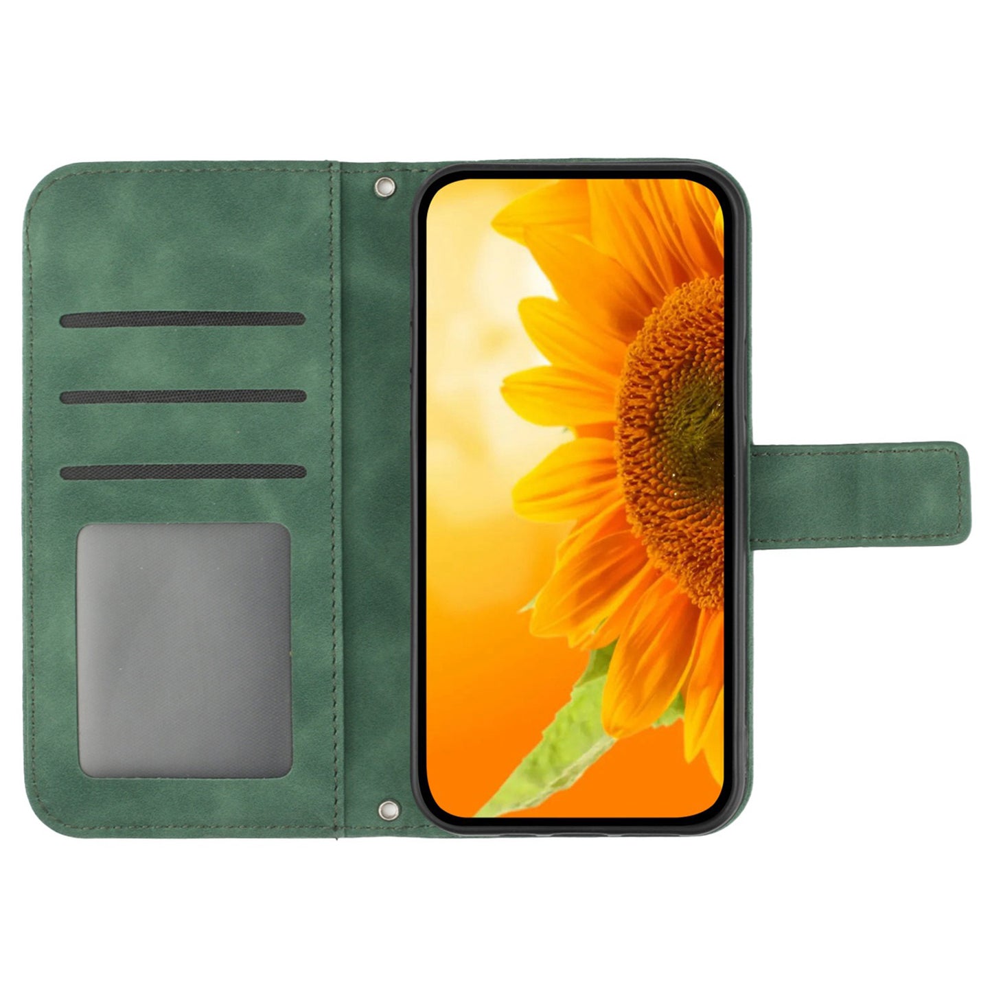 HT04 For Xiaomi Redmi Note 13 4G Leather Wallet Flip Cover Sunflower Pattern Phone Case - Dark Green