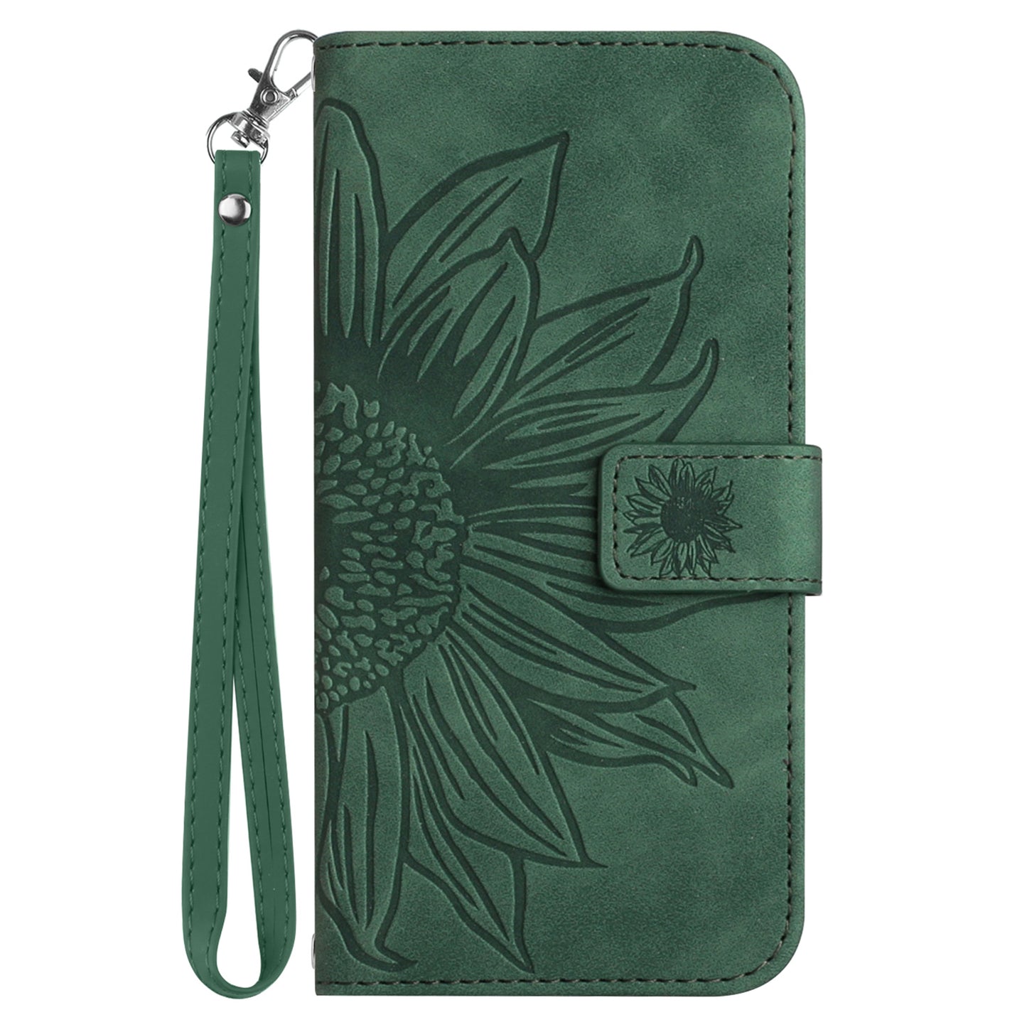 HT04 For Xiaomi Redmi Note 13 4G Leather Wallet Flip Cover Sunflower Pattern Phone Case - Dark Green