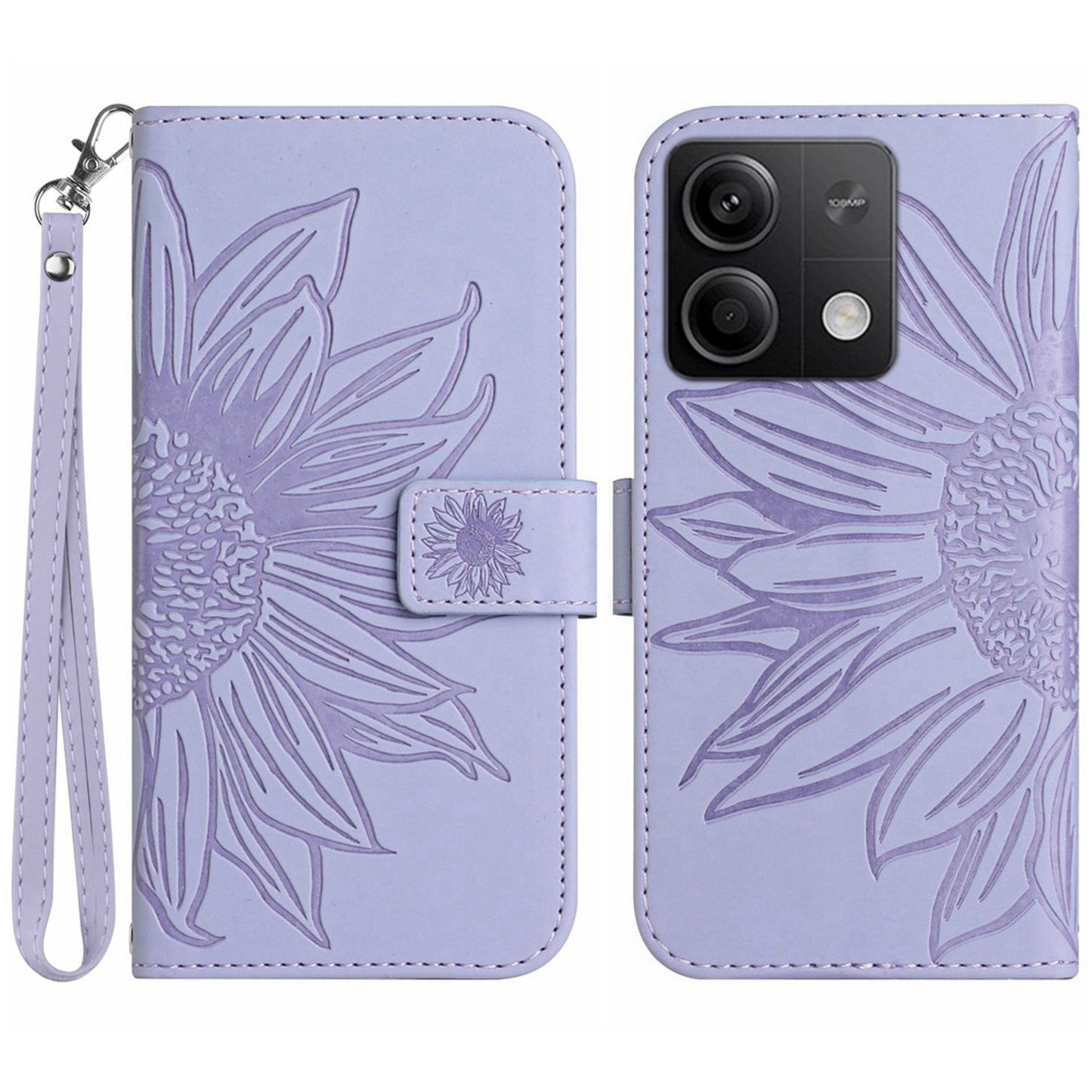HT04 For Xiaomi Redmi Note 13 4G Leather Wallet Flip Cover Sunflower Pattern Phone Case - Light Purple
