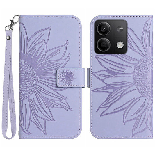 HT04 For Xiaomi Redmi Note 13 4G Leather Wallet Flip Cover Sunflower Pattern Phone Case - Light Purple