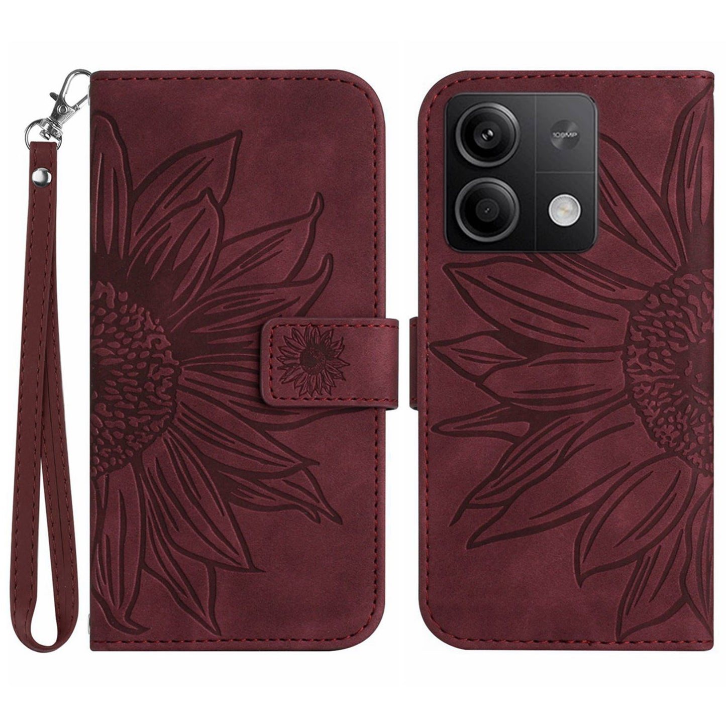 HT04 For Xiaomi Redmi Note 13 4G Leather Wallet Flip Cover Sunflower Pattern Phone Case - Wine Red