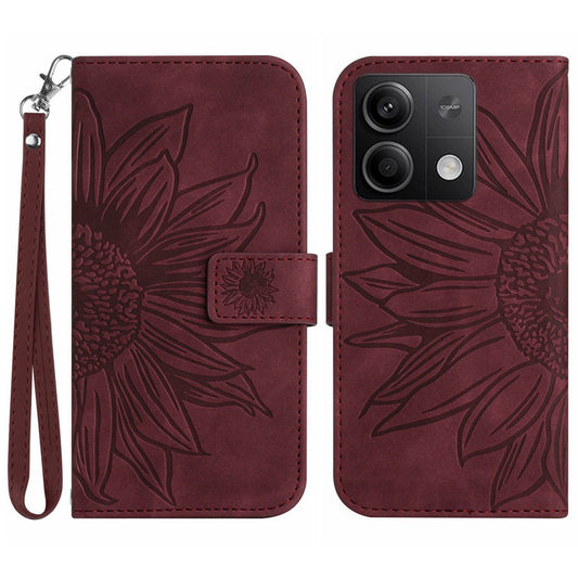 HT04 For Xiaomi Redmi Note 13 4G Leather Wallet Flip Cover Sunflower Pattern Phone Case - Wine Red