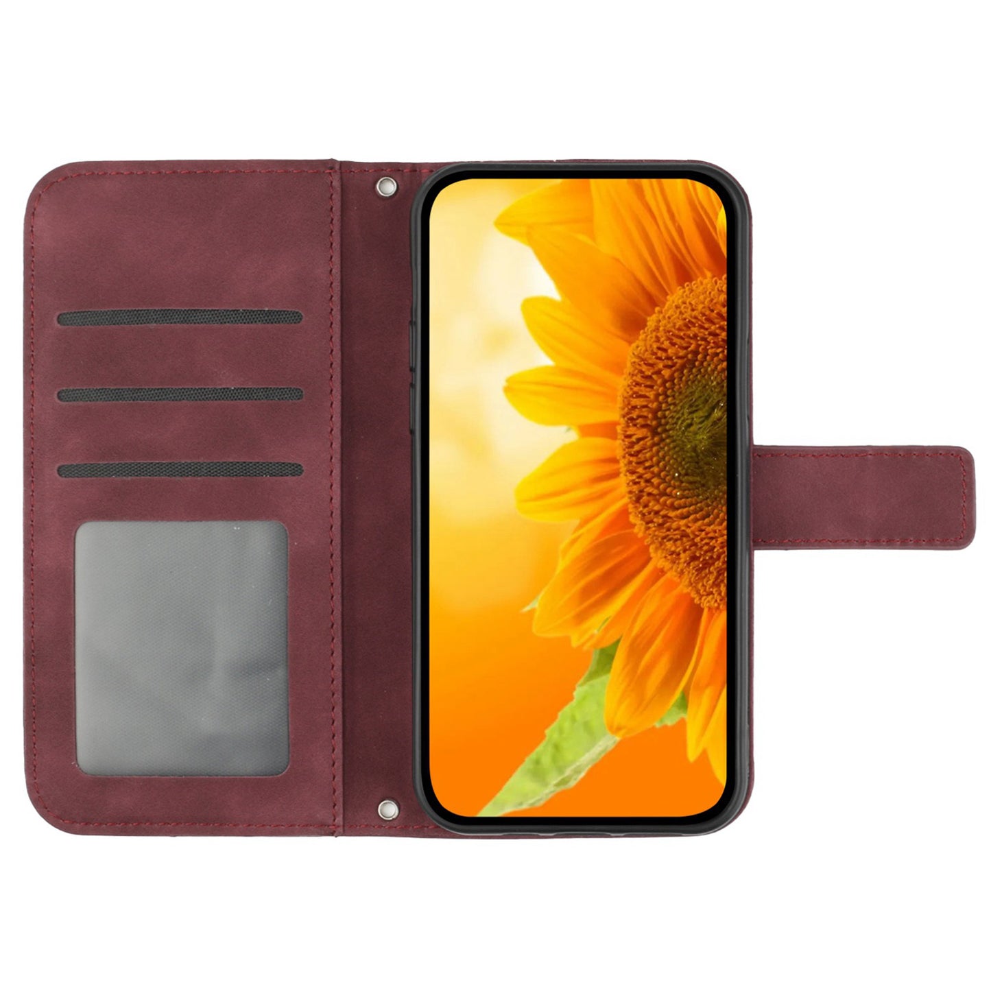 HT04 For Xiaomi Redmi Note 13 4G Leather Wallet Flip Cover Sunflower Pattern Phone Case - Wine Red