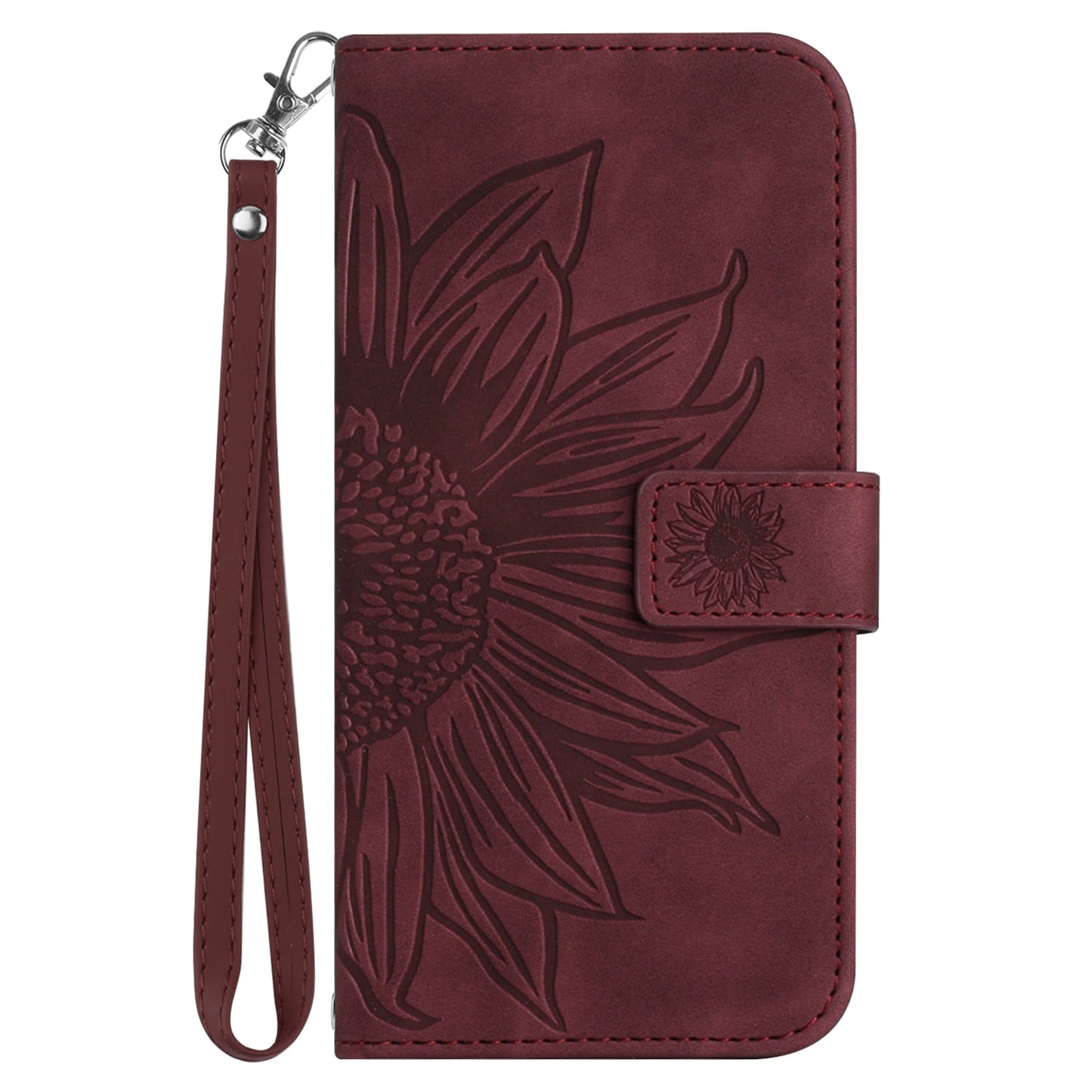 HT04 For Xiaomi Redmi Note 13 4G Leather Wallet Flip Cover Sunflower Pattern Phone Case - Wine Red