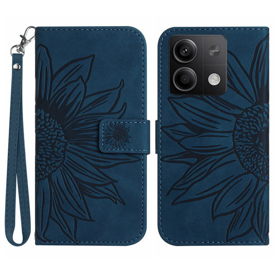 HT04 For Xiaomi Redmi Note 13 4G Leather Wallet Flip Cover Sunflower Pattern Phone Case - Dark Blue