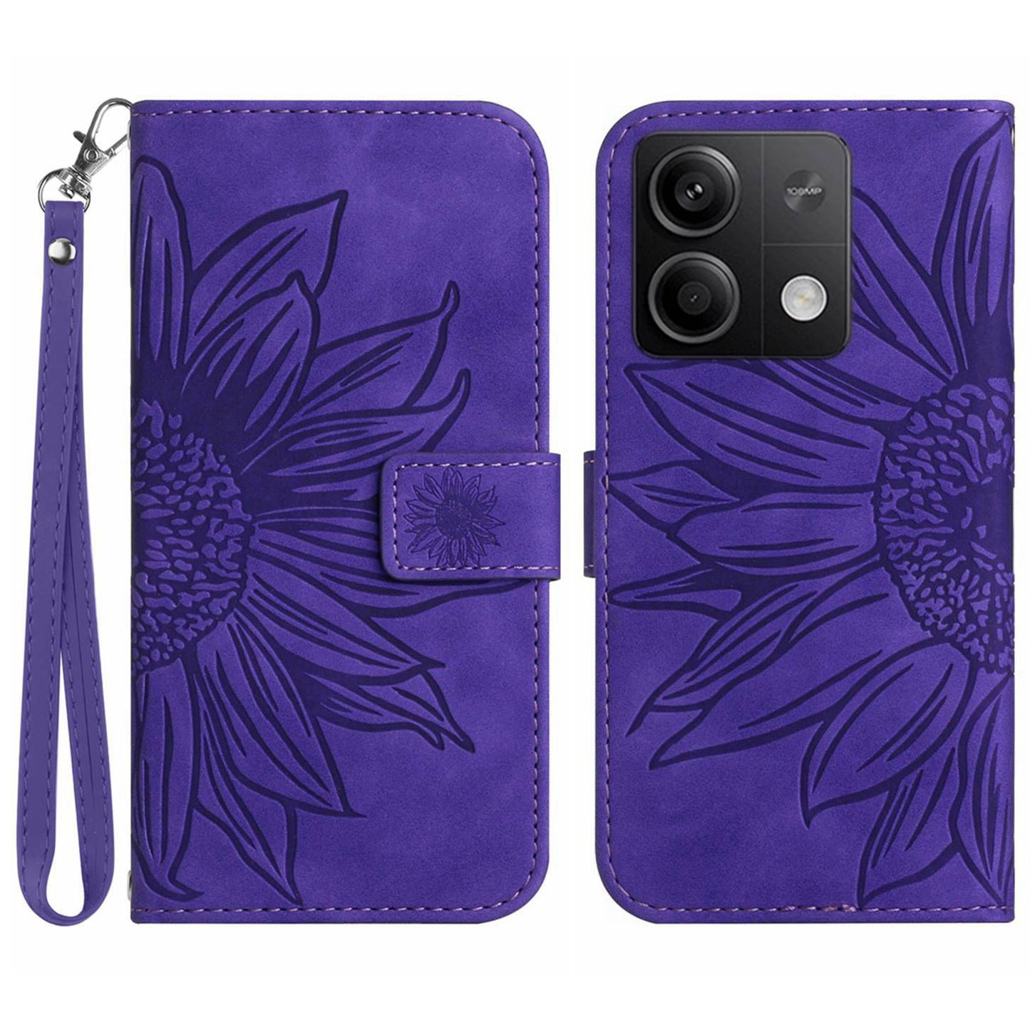 HT04 For Xiaomi Redmi Note 13 4G Leather Wallet Flip Cover Sunflower Pattern Phone Case - Dark Purple