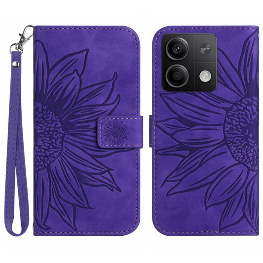 HT04 For Xiaomi Redmi Note 13 4G Leather Wallet Flip Cover Sunflower Pattern Phone Case - Dark Purple