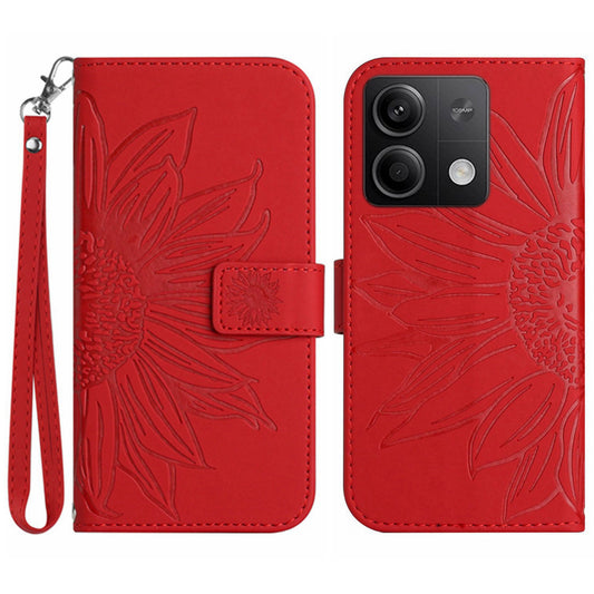 HT04 For Xiaomi Redmi Note 13 4G Leather Wallet Flip Cover Sunflower Pattern Phone Case - Red