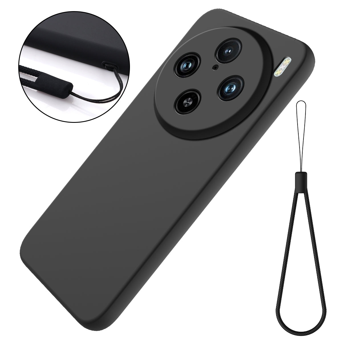 For vivo X100 Pro 5G Case Slim-Fit Phone Cover Liquid Silicone Phone Shell with Strap - Black