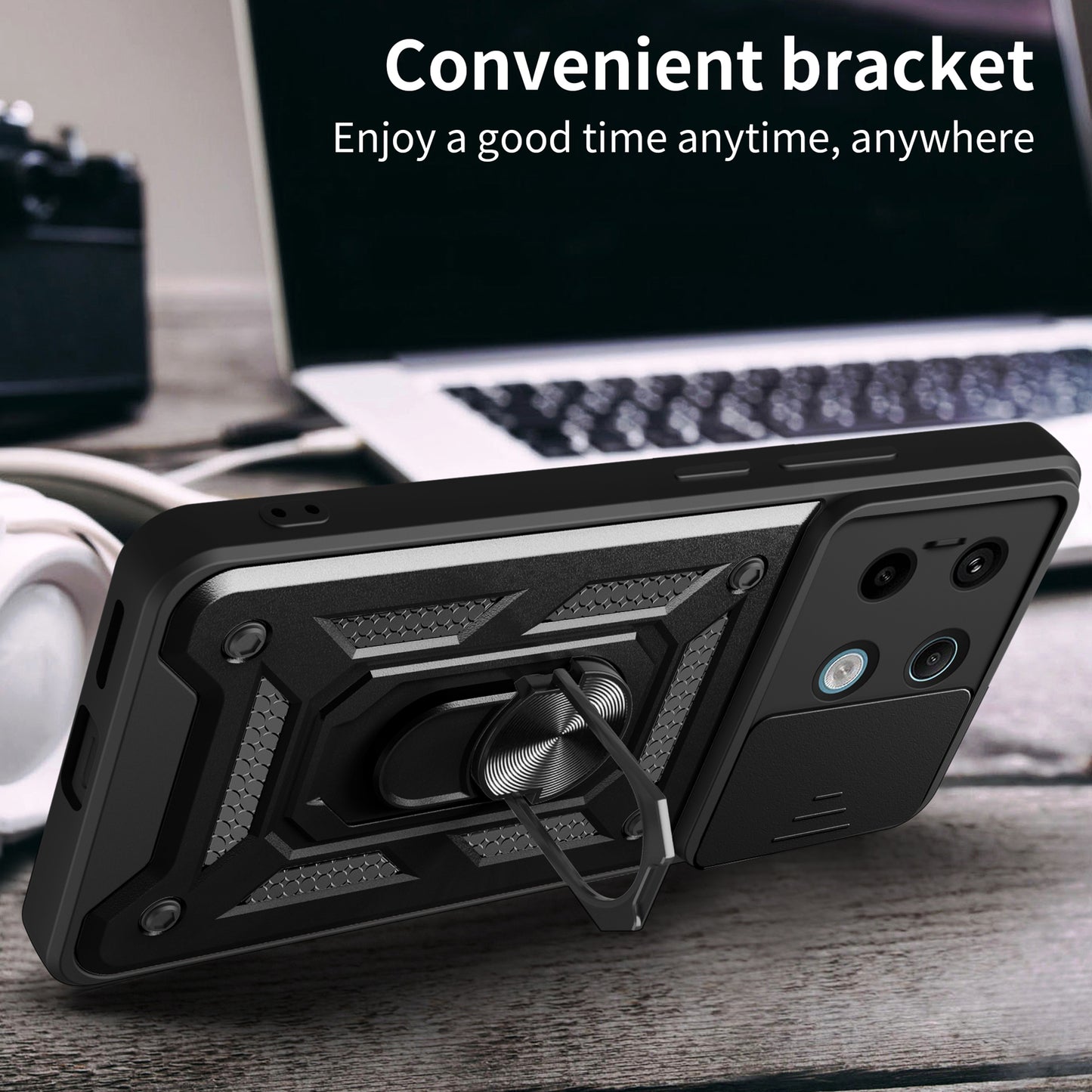 For Xiaomi Redmi Note 13 Pro 5G / Poco X6 5G Case Kickstand Slide Lens Window Phone Cover - Black