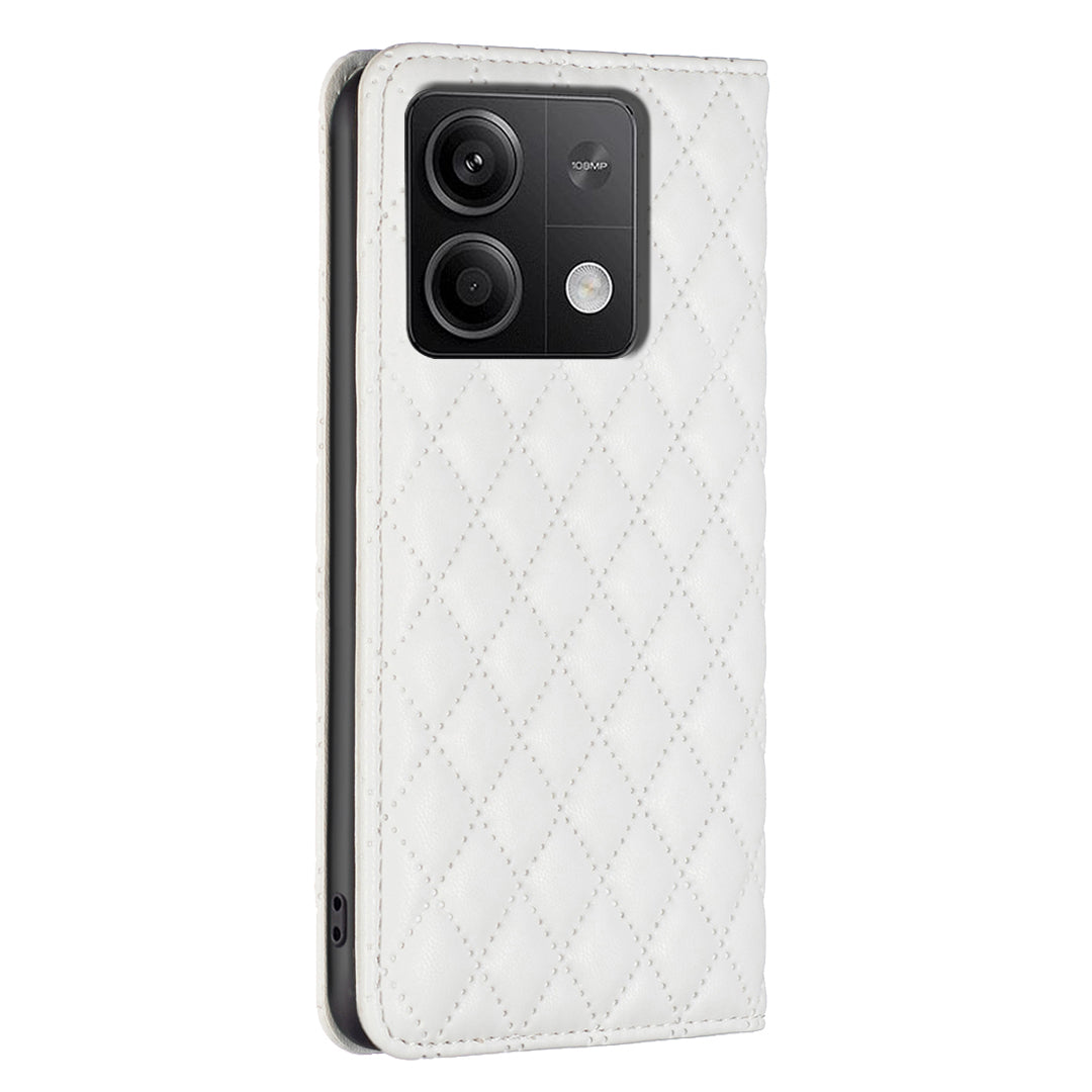 BINFEN COLOR BF Style-16 For Xiaomi Redmi Note 13 4G Leather Case Rhombus Pattern Phone Cover - White