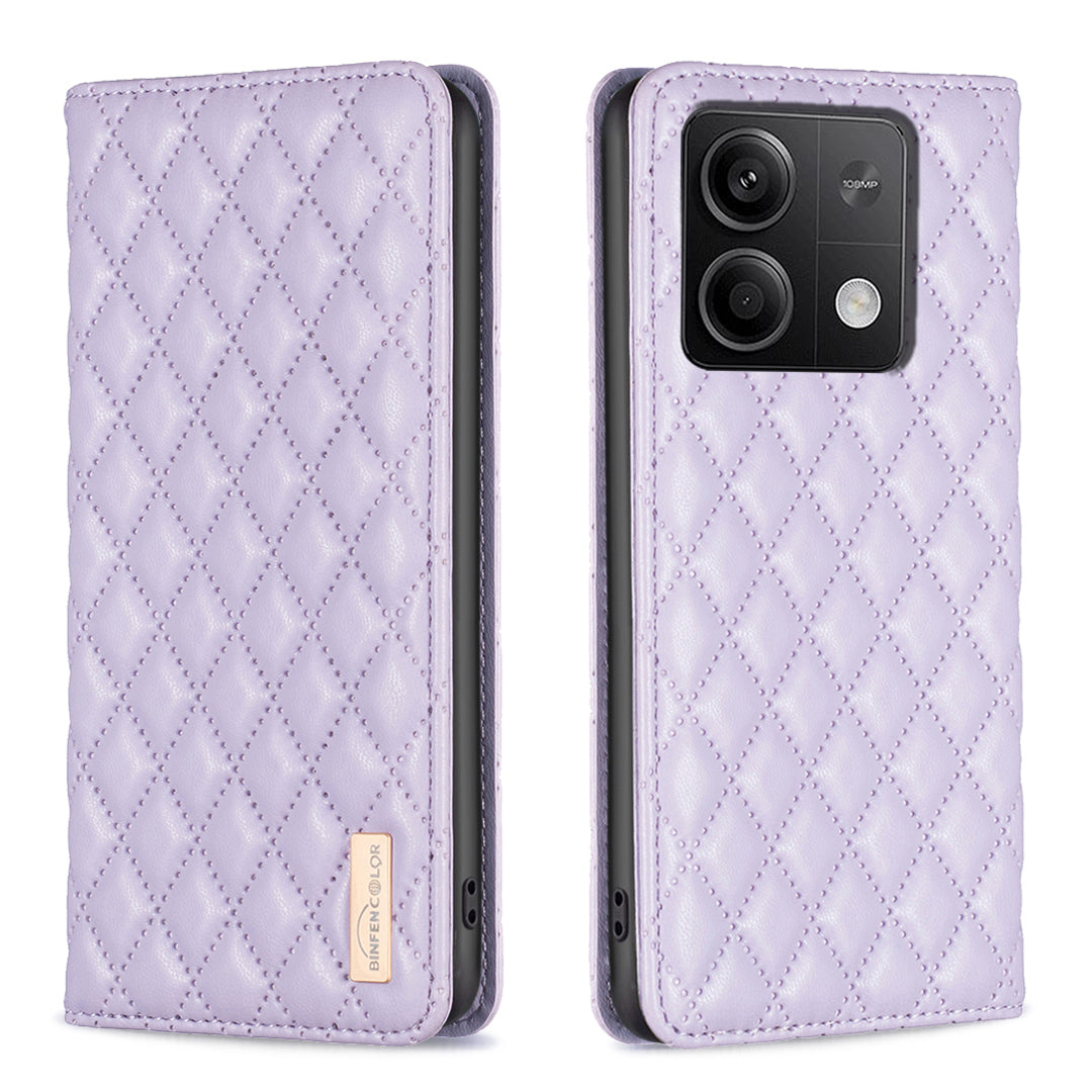 BINFEN COLOR BF Style-16 For Xiaomi Redmi Note 13 4G Leather Case Rhombus Pattern Phone Cover - Purple