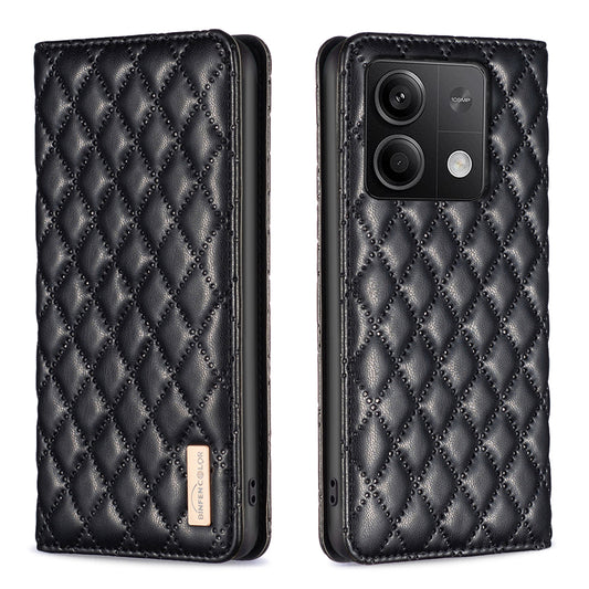 BINFEN COLOR BF Style-16 For Xiaomi Redmi Note 13 4G Leather Case Rhombus Pattern Phone Cover - Black