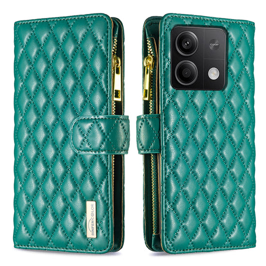 BINFEN COLOR BF Style-15 For Xiaomi Redmi Note 13 4G Case Leather Flip Zipper Pocket Phone Cover - Green