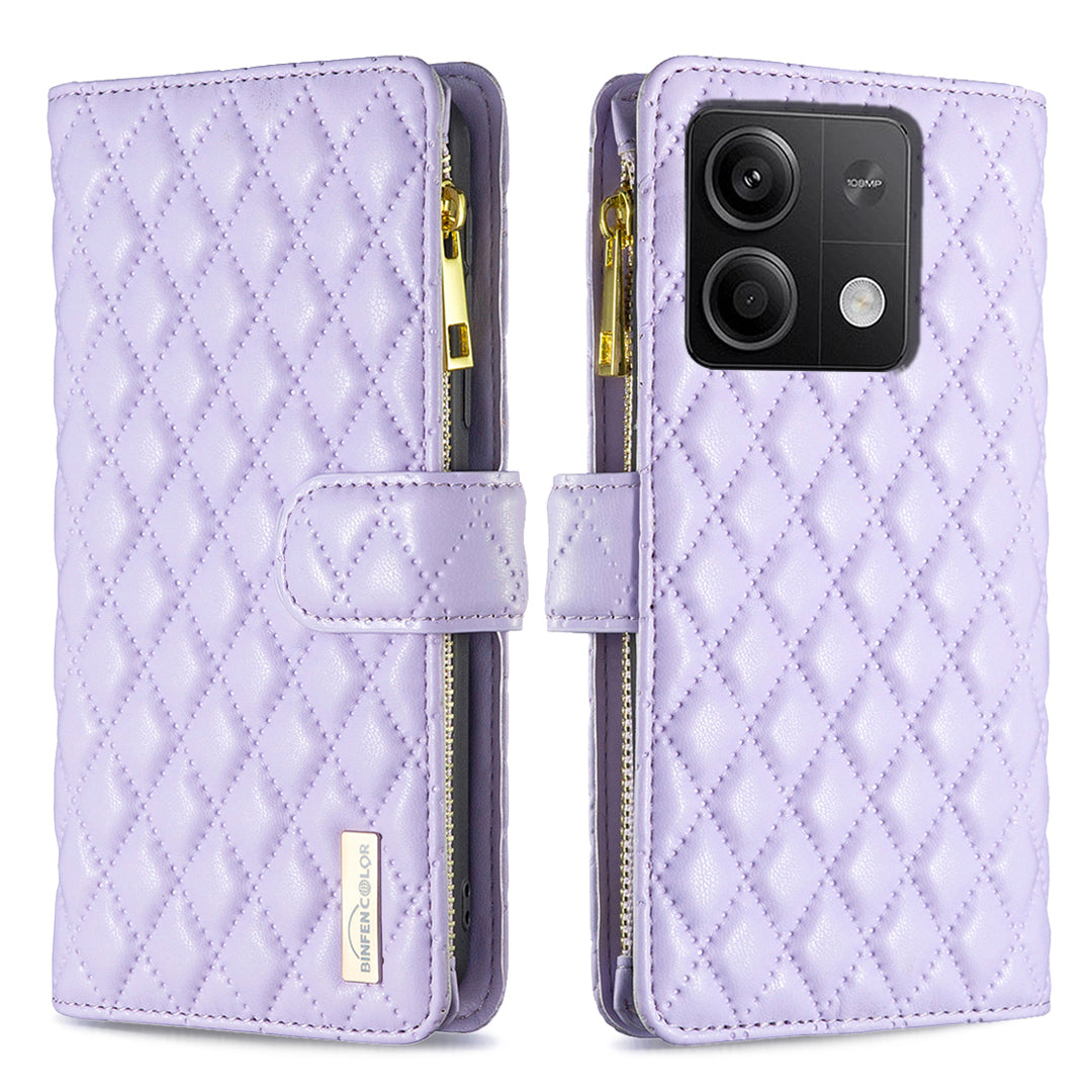 BINFEN COLOR BF Style-15 For Xiaomi Redmi Note 13 4G Case Leather Flip Zipper Pocket Phone Cover - Purple