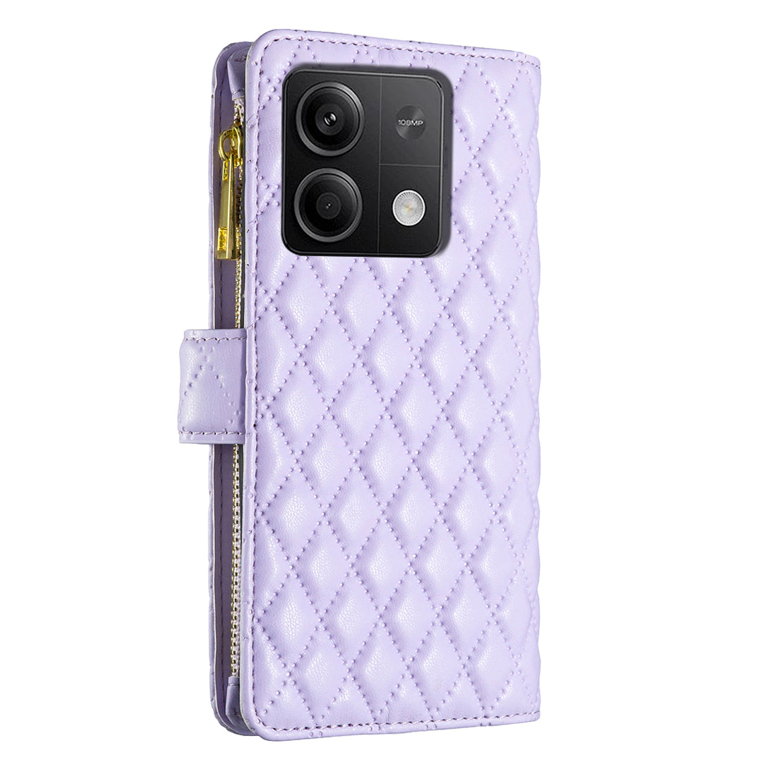 BINFEN COLOR BF Style-15 For Xiaomi Redmi Note 13 4G Case Leather Flip Zipper Pocket Phone Cover - Purple