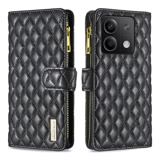 BINFEN COLOR BF Style-15 For Xiaomi Redmi Note 13 4G Case Leather Flip Zipper Pocket Phone Cover - Black