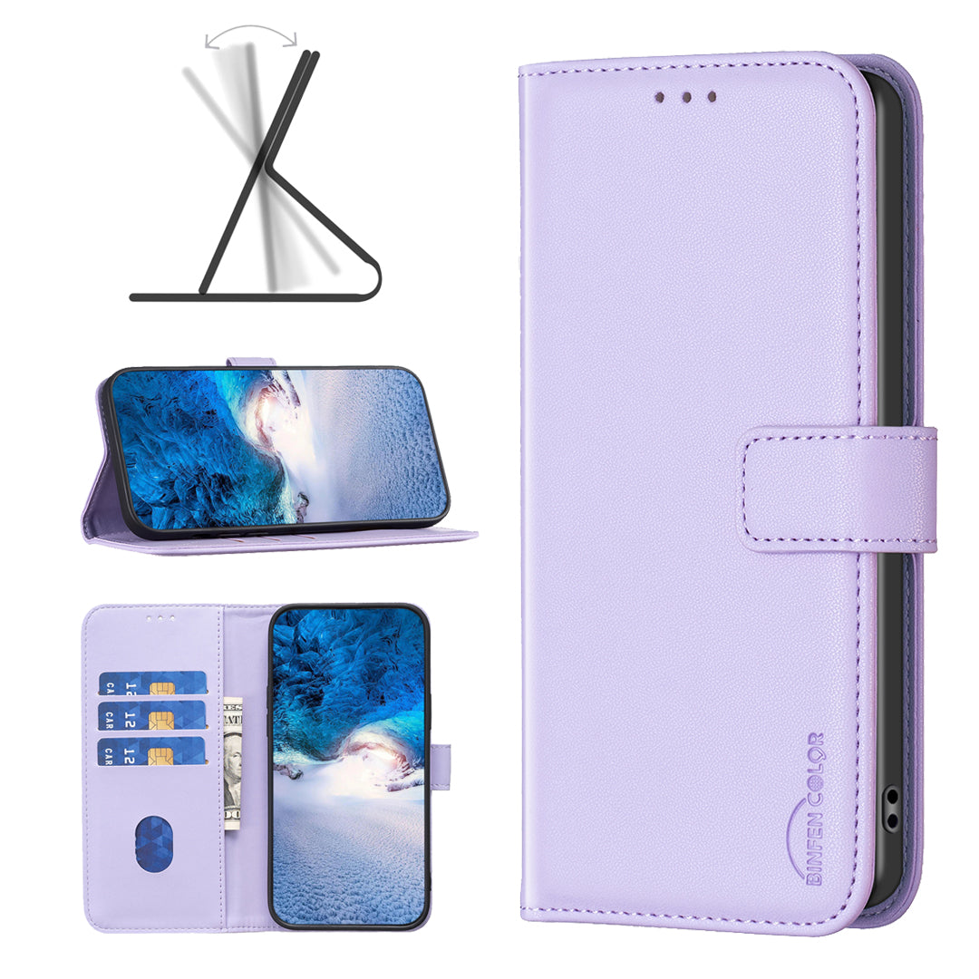 BINFEN COLOR BF17 For Xiaomi Redmi Note 13 4G Leather Phone Case Folio Stand View Cover - Purple