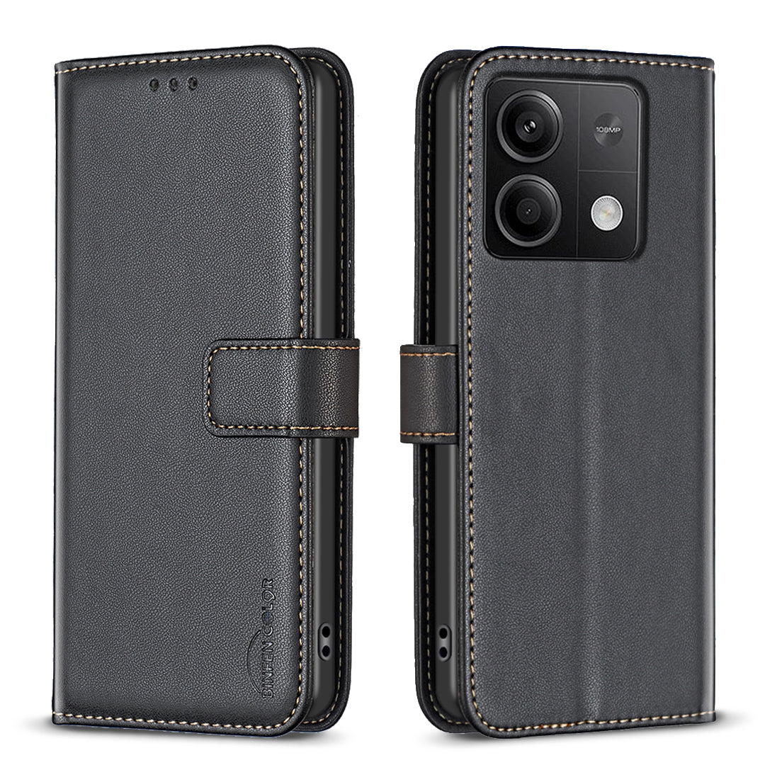 BINFEN COLOR BF17 For Xiaomi Redmi Note 13 4G Leather Phone Case Folio Stand View Cover - Black