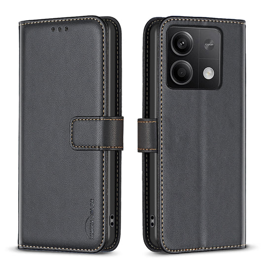BINFEN COLOR BF17 For Xiaomi Redmi Note 13 4G Leather Phone Case Folio Stand View Cover - Black
