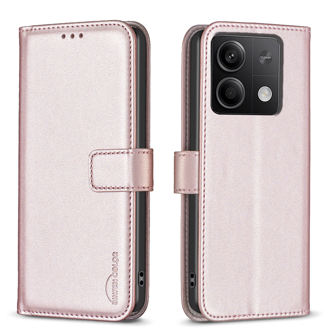 BINFEN COLOR BF17 For Xiaomi Redmi Note 13 4G Leather Phone Case Folio Stand View Cover - Rose Gold