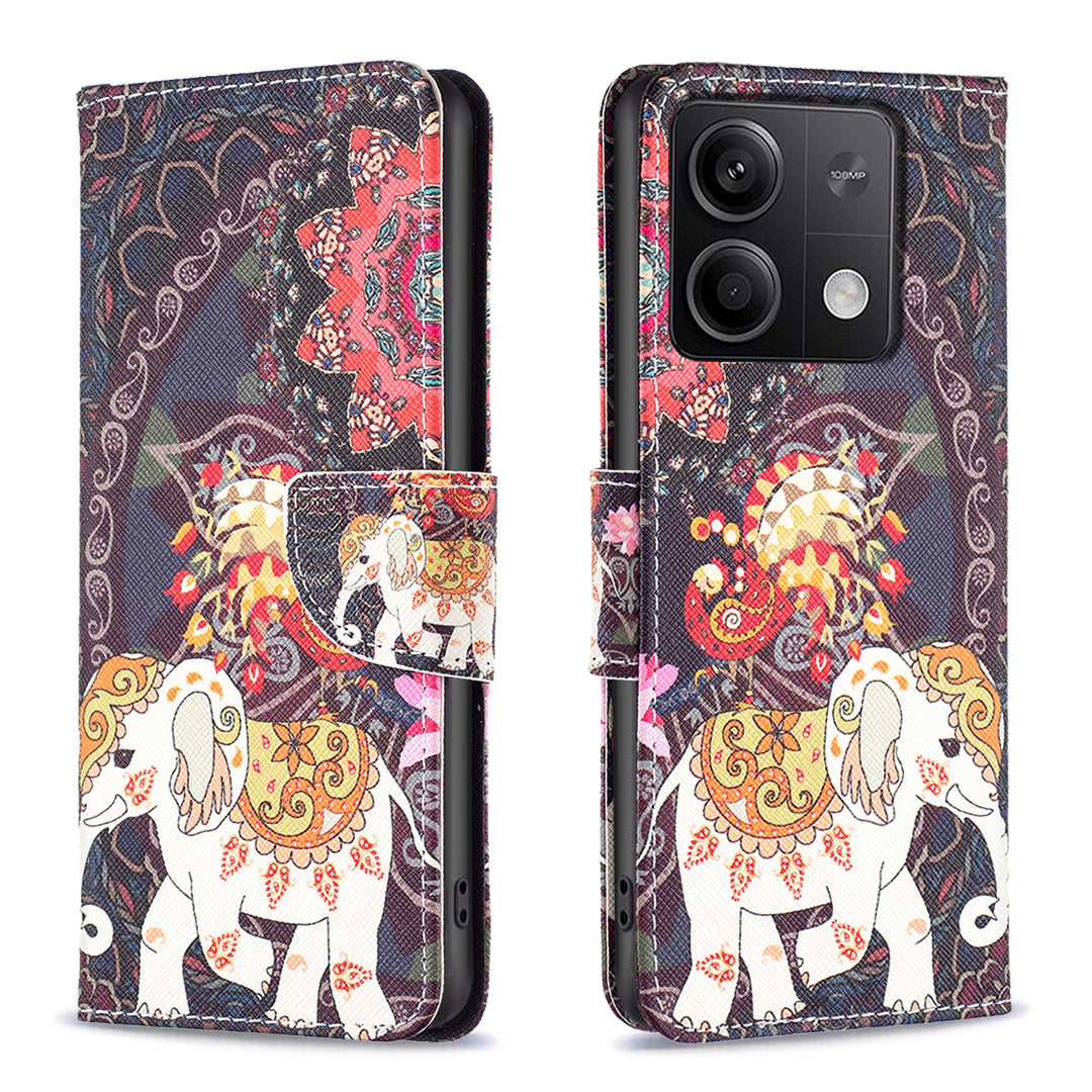 For Xiaomi Redmi Note 13 4G Phone Case Pattern Leather Flip Cover - Flower and Elephant