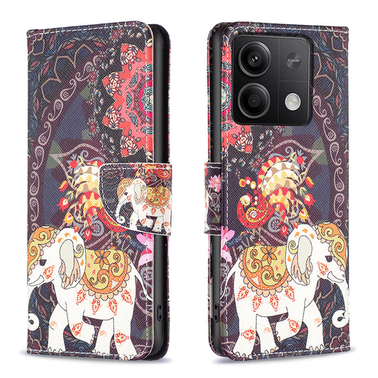 For Xiaomi Redmi Note 13 4G Phone Case Pattern Leather Flip Cover - Flower and Elephant