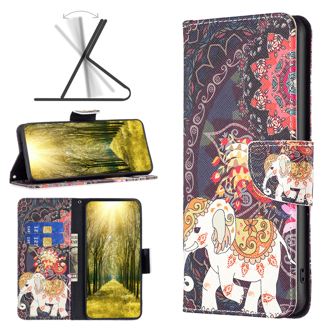 For Xiaomi Redmi Note 13 4G Phone Case Pattern Leather Flip Cover - Flower and Elephant