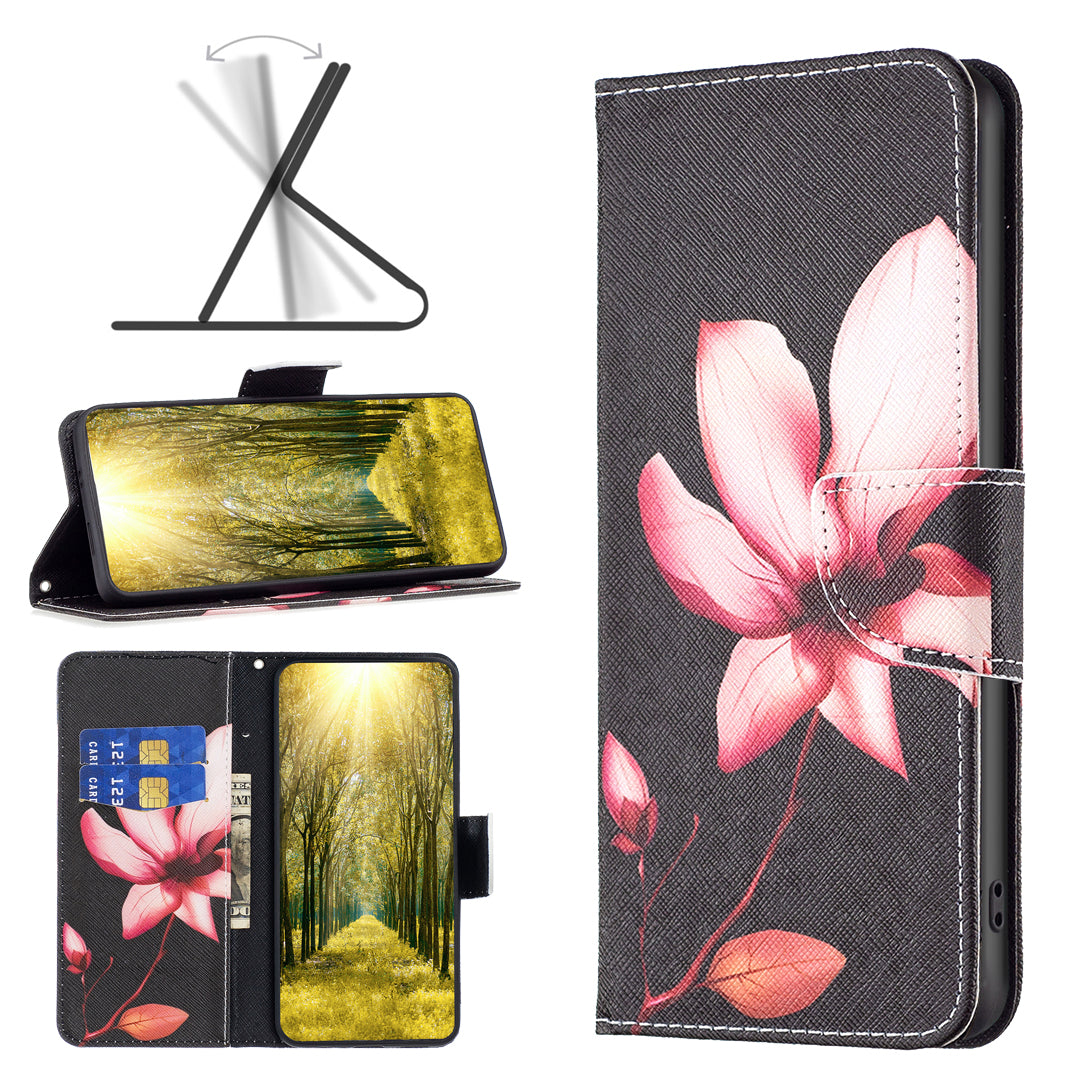 For Xiaomi Redmi Note 13 4G Phone Case Pattern Leather Flip Cover - Lotus