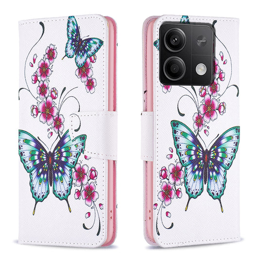 For Xiaomi Redmi Note 13 4G Phone Case Pattern Leather Flip Cover - Peach Blossom and Butterflies