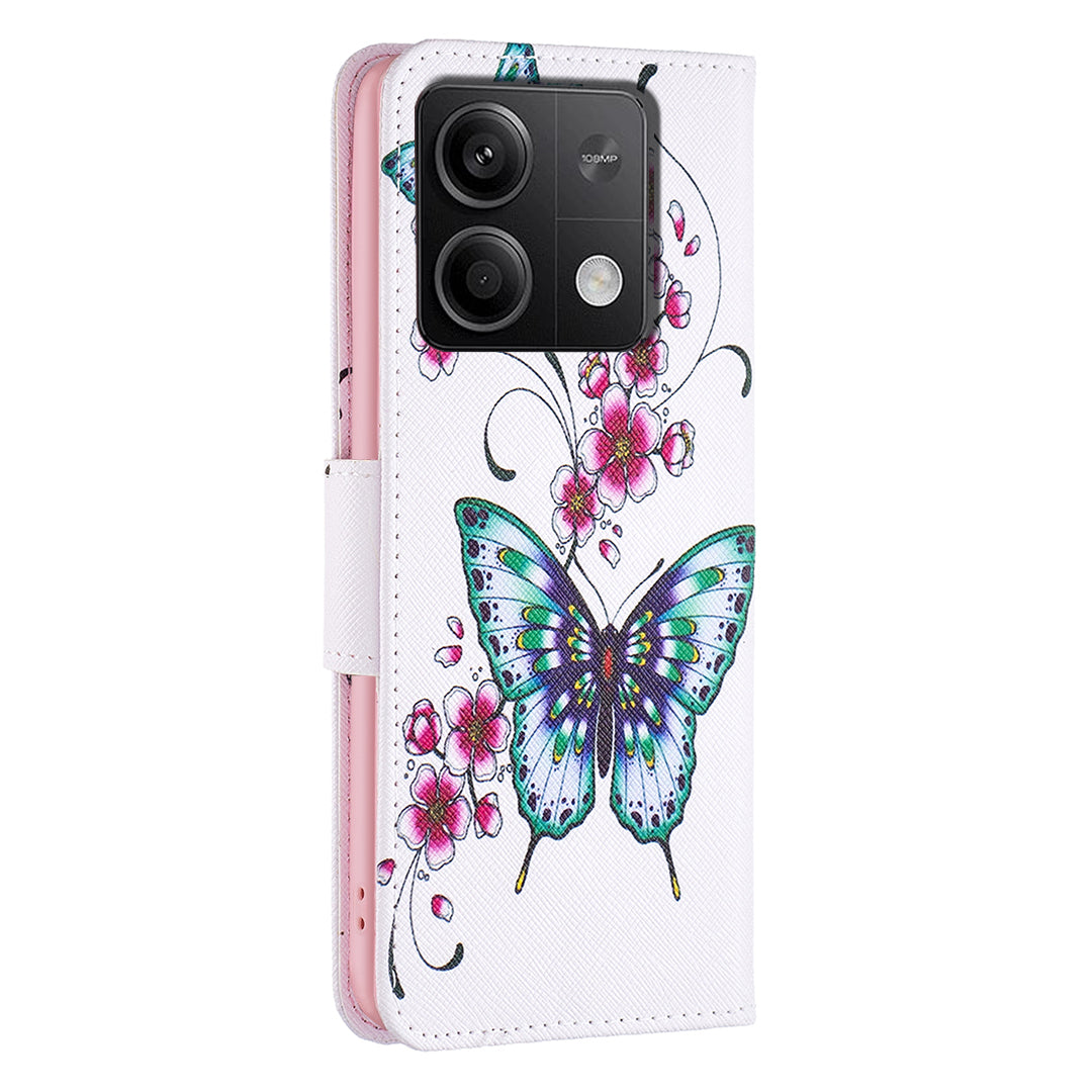 For Xiaomi Redmi Note 13 4G Phone Case Pattern Leather Flip Cover - Peach Blossom and Butterflies
