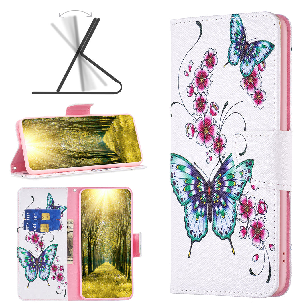 For Xiaomi Redmi Note 13 4G Phone Case Pattern Leather Flip Cover - Peach Blossom and Butterflies