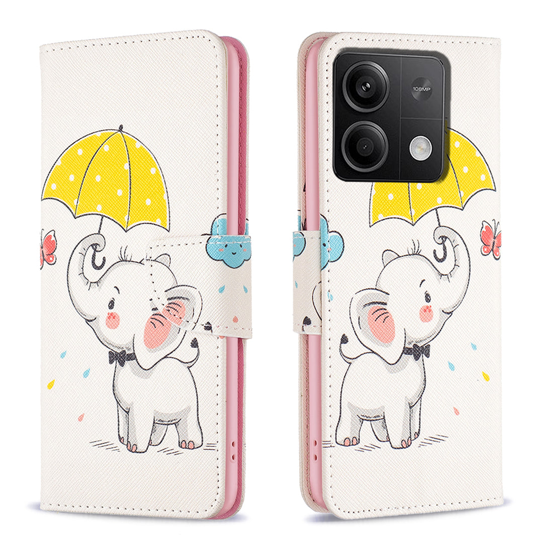 For Xiaomi Redmi Note 13 4G Phone Case Pattern Leather Flip Cover - Umbrella and Elephant