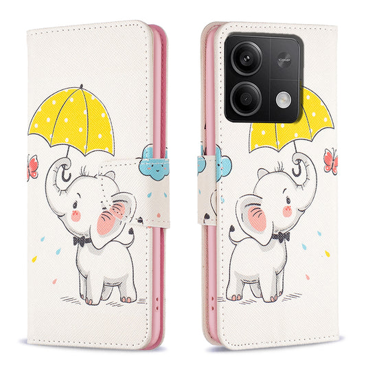 For Xiaomi Redmi Note 13 4G Phone Case Pattern Leather Flip Cover - Umbrella and Elephant