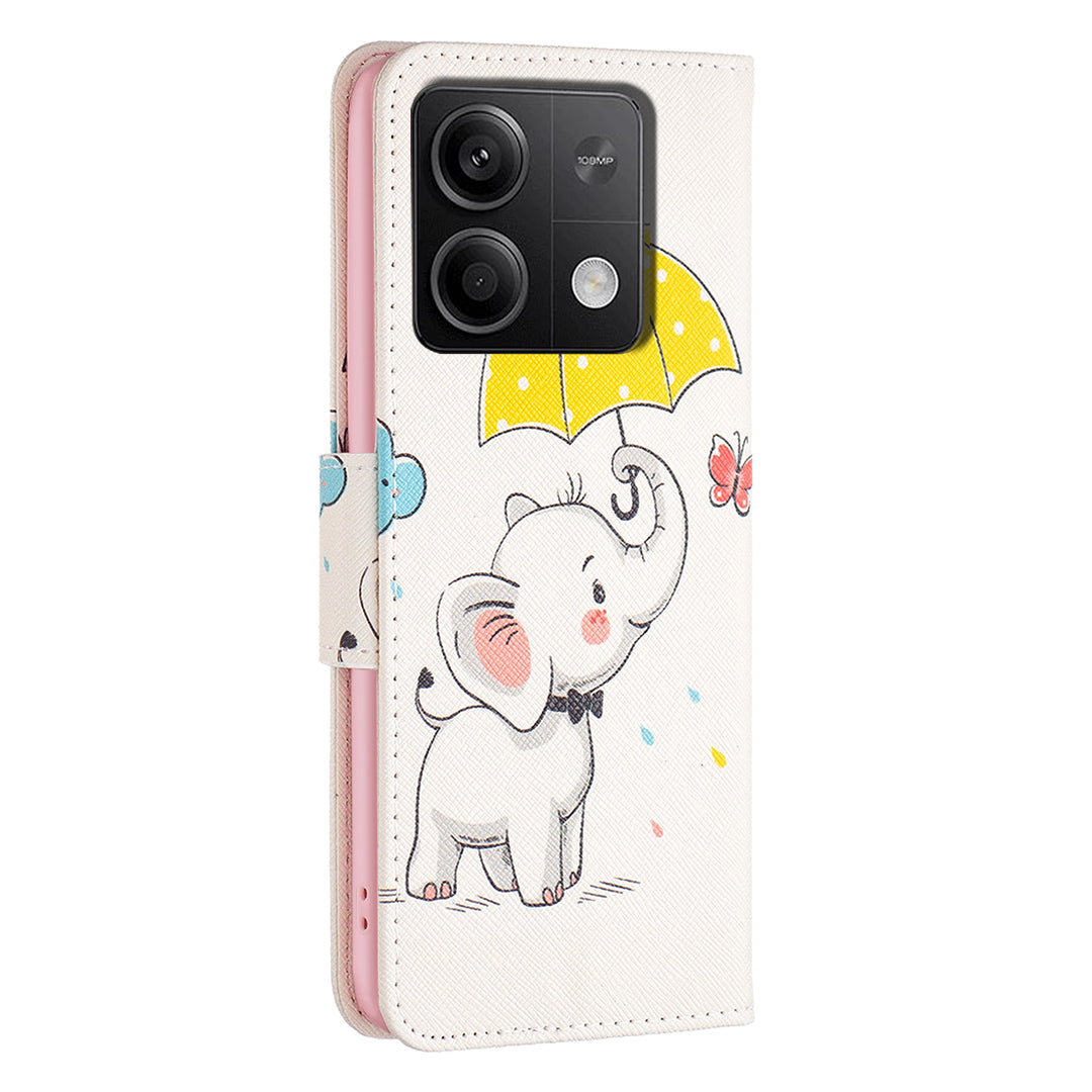 For Xiaomi Redmi Note 13 4G Phone Case Pattern Leather Flip Cover - Umbrella and Elephant