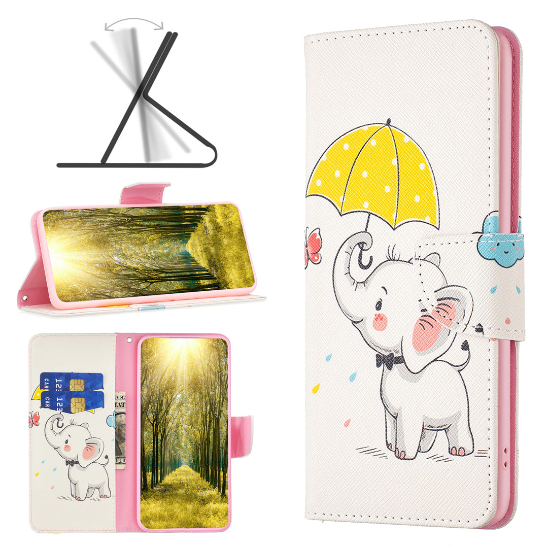 For Xiaomi Redmi Note 13 4G Phone Case Pattern Leather Flip Cover - Umbrella and Elephant