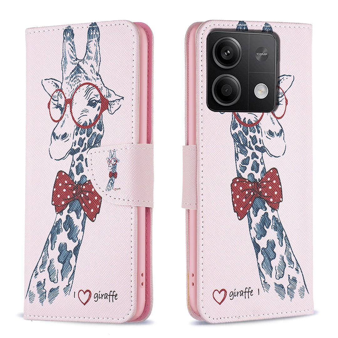 For Xiaomi Redmi Note 13 4G Pattern Leather Phone Case Wallet Cover - Giraffe